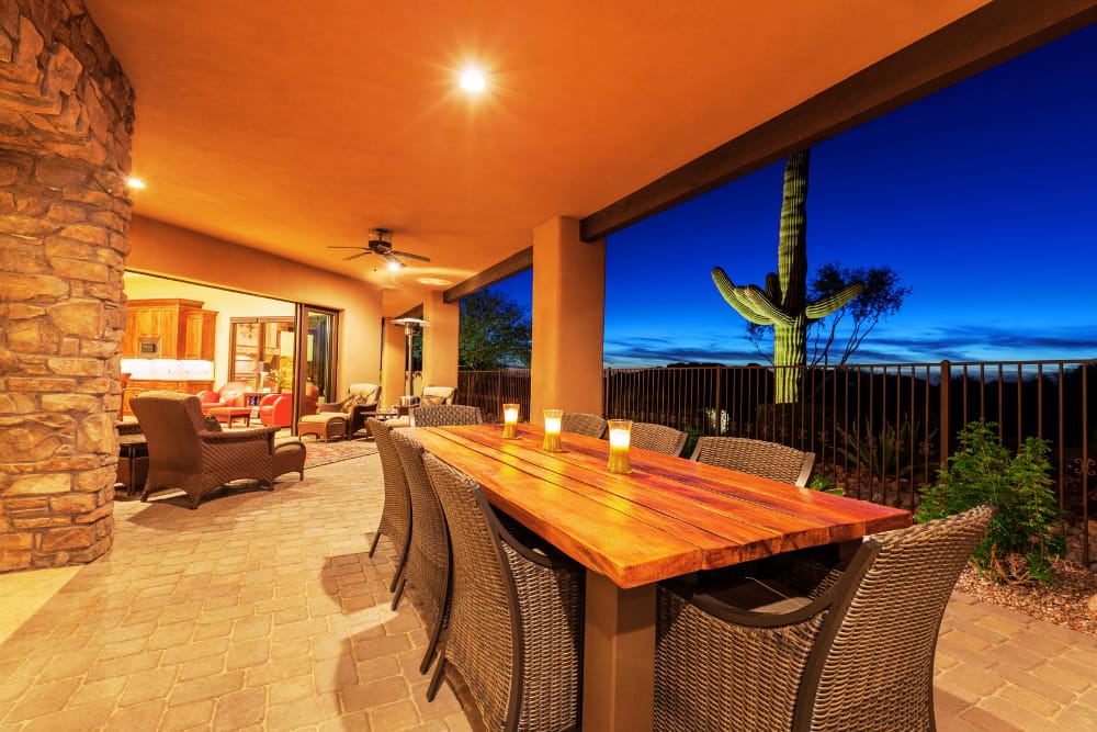Outdoor Patio of Residential Property with Dining Table and Seating Area