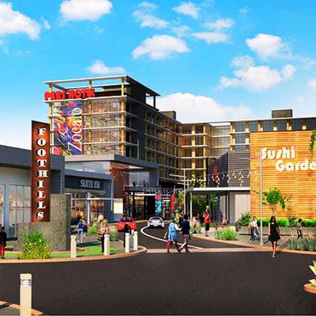 Exterior of Foothills Mall with Sushi Garden Restaurant, Paris Hotel and People Walking Around