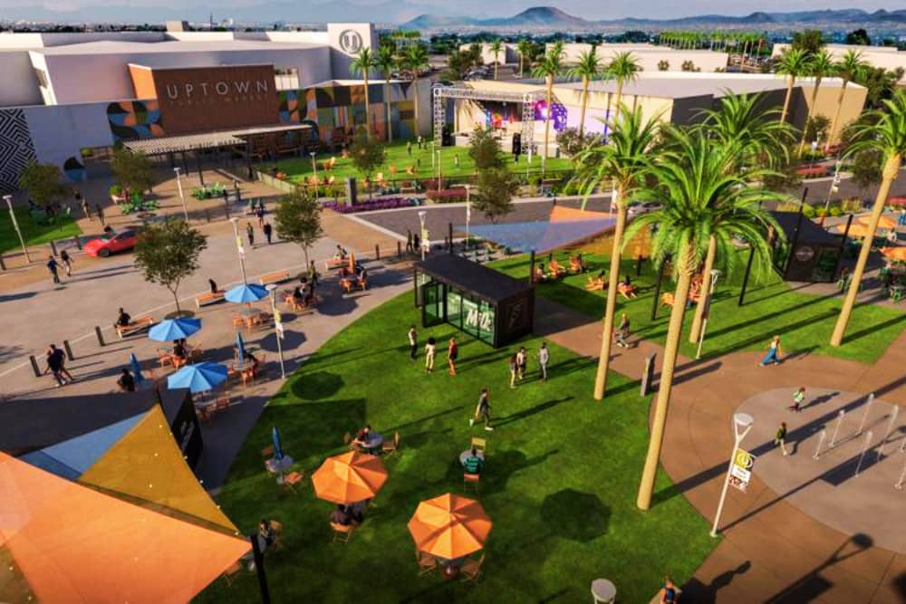 Aerial Image View of Uptown Phoenix Plaza with Outdoor Courtyard, Palm Trees and People Walking Around