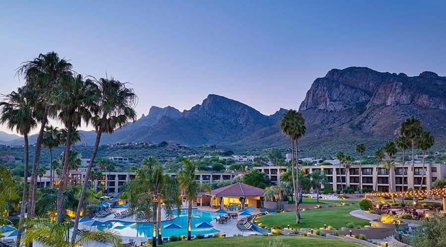 Wide angle view of the El Conquistador Hotel pool and grounds. Located at 10000 N Oracle Rd, Tucson, AZ 85704.